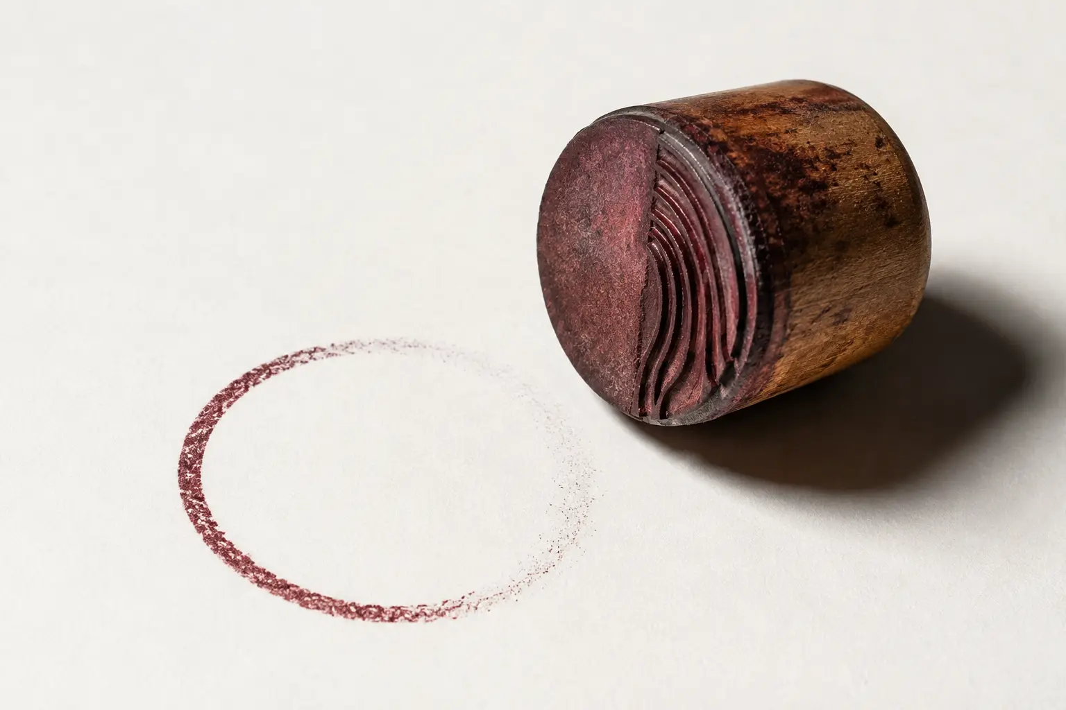 A worn office stamp and the half-dissolved mark it leaves